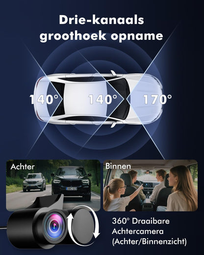 3-Kanaals Dashcam Auto, 4K UHD Voorkant + Full HD Achter + Interieur, Dashcam met 24u Parkeerbewaking, WiFi 6 & GPS, HDR/WDR Nachtzicht, 3 inch IPS dash cam met 64GB kaart (V1)