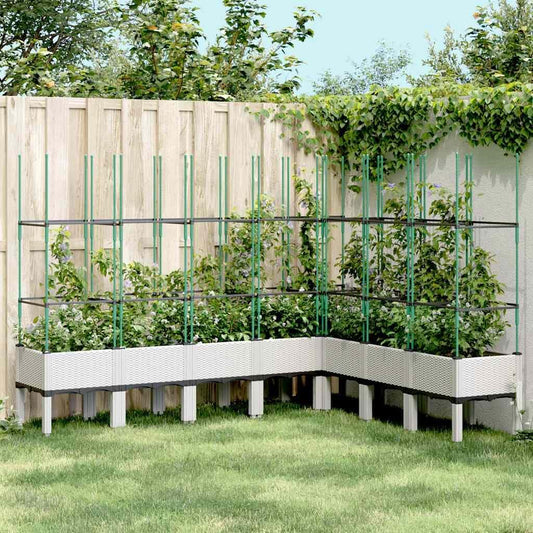 Flower Box for Garden with Integrated Polypropylene Trellis Raised Design and Rattan Look White 200 x 160 x 142.5 cm, Ideal for Climbing Plants, Vegetables - QUORE