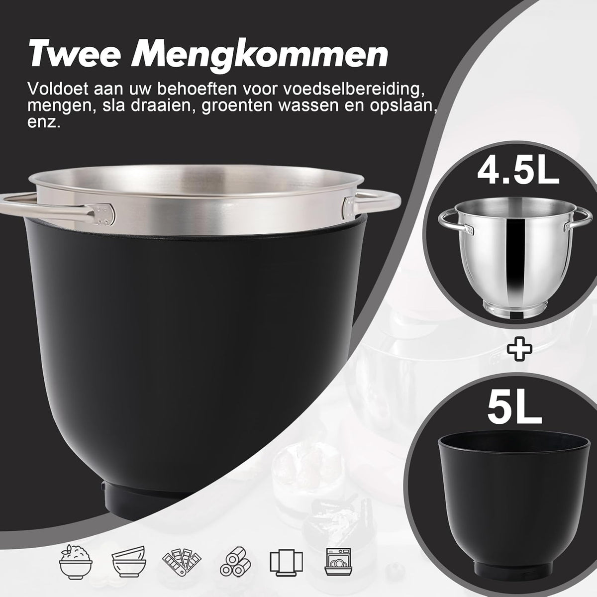 Kitchen in the Box Keukenmachine, 1300W, 10 snelheden, 4.5L + 5L mengkommen, elektrische standmixer met garde, klopper en deeghaak (Zwart, 4.5L)