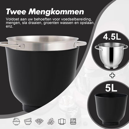 Kitchen in the Box Keukenmachine, 1300W, 10 snelheden, 4.5L + 5L mengkommen, elektrische standmixer met garde, klopper en deeghaak (Zwart, 4.5L)