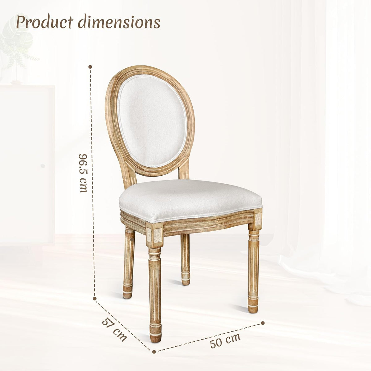 Retro Eetkamerstoelen, set van 2, keukenstoelen met klassieke ovale rugleuning, linnenlook en massief hout, dikke gestoffeerde stoel voor eetkamer, werkkamer, woonkamer, krijtwit