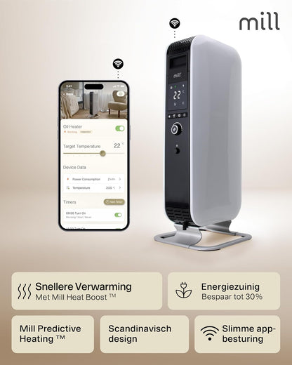 Mill olieradiator 1500W - stille, veilige en energiezuinige elektrische radiator wifi, tot 22 m² - elektrische kachel met app, oil radiator, electric heater, ontworpen in Noorwegen