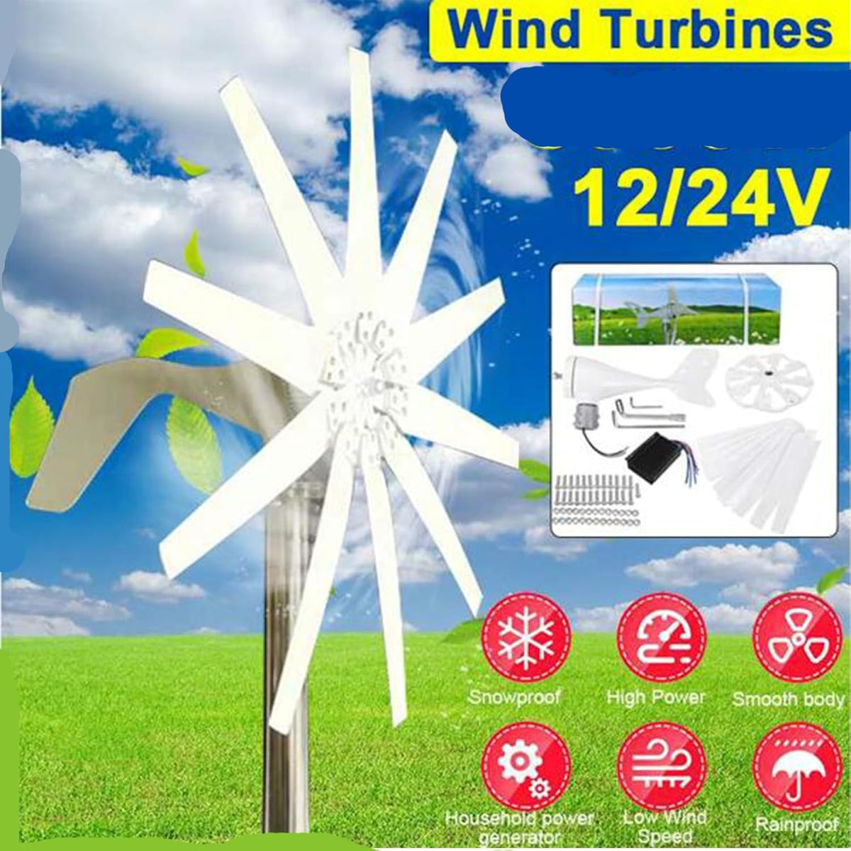 12000W Horizontale windgeneratorkit, 12V-220V windturbines Horizontale Home Powers Windmolen Energie Turbines Laad (geen geluid)