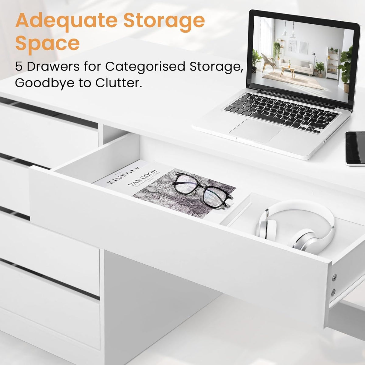 eSituro Makeup Table White with 5 Drawers Without Mirror, Desk, Computer Table with Storage Space, Vanity Dressing Table, Desk Table for Teenage Room and Bedroom, 120 x 55 cm - QUORE