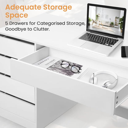 eSituro Makeup Table White with 5 Drawers Without Mirror, Desk, Computer Table with Storage Space, Vanity Dressing Table, Desk Table for Teenage Room and Bedroom, 120 x 55 cm - QUORE