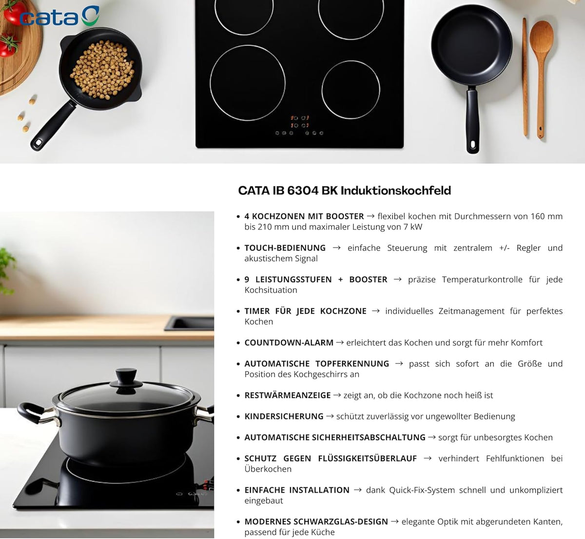 Inductiekookplaat – Elektrische Kookplaat – Kookveld – Keramische Kookplaat – Inbouw Kookplaat – 4 Kookzones 7 kW – Touchbediening Met Boosterfunctie