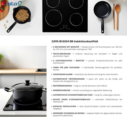 Inductiekookplaat – Elektrische Kookplaat – Kookveld – Keramische Kookplaat – Inbouw Kookplaat – 4 Kookzones 7 kW – Touchbediening Met Boosterfunctie