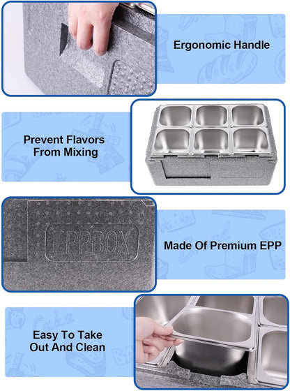 Pizza Topping Station – Buffetstation – Saladebar – Buffetbak – Toppingset – 7 Pannen Inclusief Lepels, Clips En Deksels – Geïsoleerd Met IJsdozen