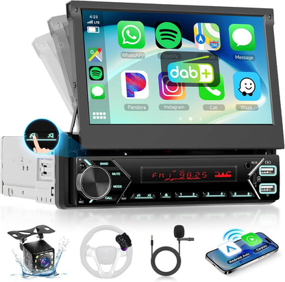 Hodozzy Dab Carplay autoradio, 1 din, draadloos, Android auto, met automatisch display, intrekbaar, 7 inch, autoradio, bluetooth, touchscreen met spiegel/FM/USB/AUX/TF+achteruitrijcamera