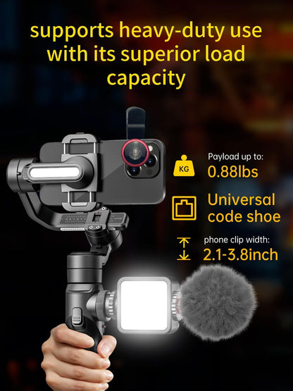 AOCHUAN Gimbal Stabilizer voor smartphone, 3-assige industriestandaard gimbals w/360 ° rotatie, telefoonstabilisator ingebouwde verlengstang, professionele gimbal w/vullicht voor iPhone/Android-Smart