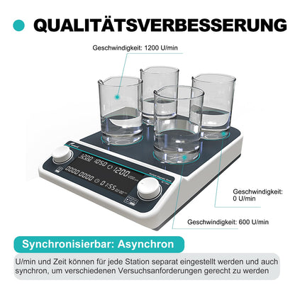 JOANLAB Magneetroerder, digitaal, 4-voudig, met sync/Async-functie, 50-1500 omw/min, timer, 4 x 500 ml, voor laboratorium (MMS-4PRO)
