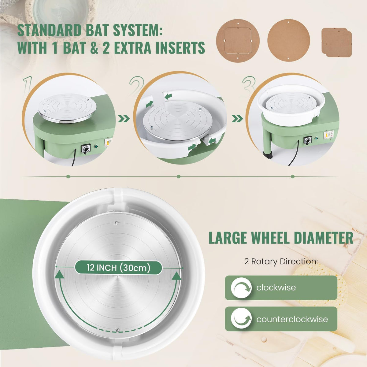 Pottenbakkerschijf – Draaischijf – Keramiekschijf – Klei Draaitafel – Boetseerschijf – 30 cm Draaiplateau – Elektrische Voetpedaalbediening – 350W Motor – Complete Pottenbakkersset – Groen - QUORE