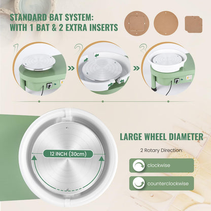 Pottenbakkerschijf – Draaischijf – Keramiekschijf – Klei Draaitafel – Boetseerschijf – 30 cm Draaiplateau – Elektrische Voetpedaalbediening – 350W Motor – Complete Pottenbakkersset – Groen - QUORE