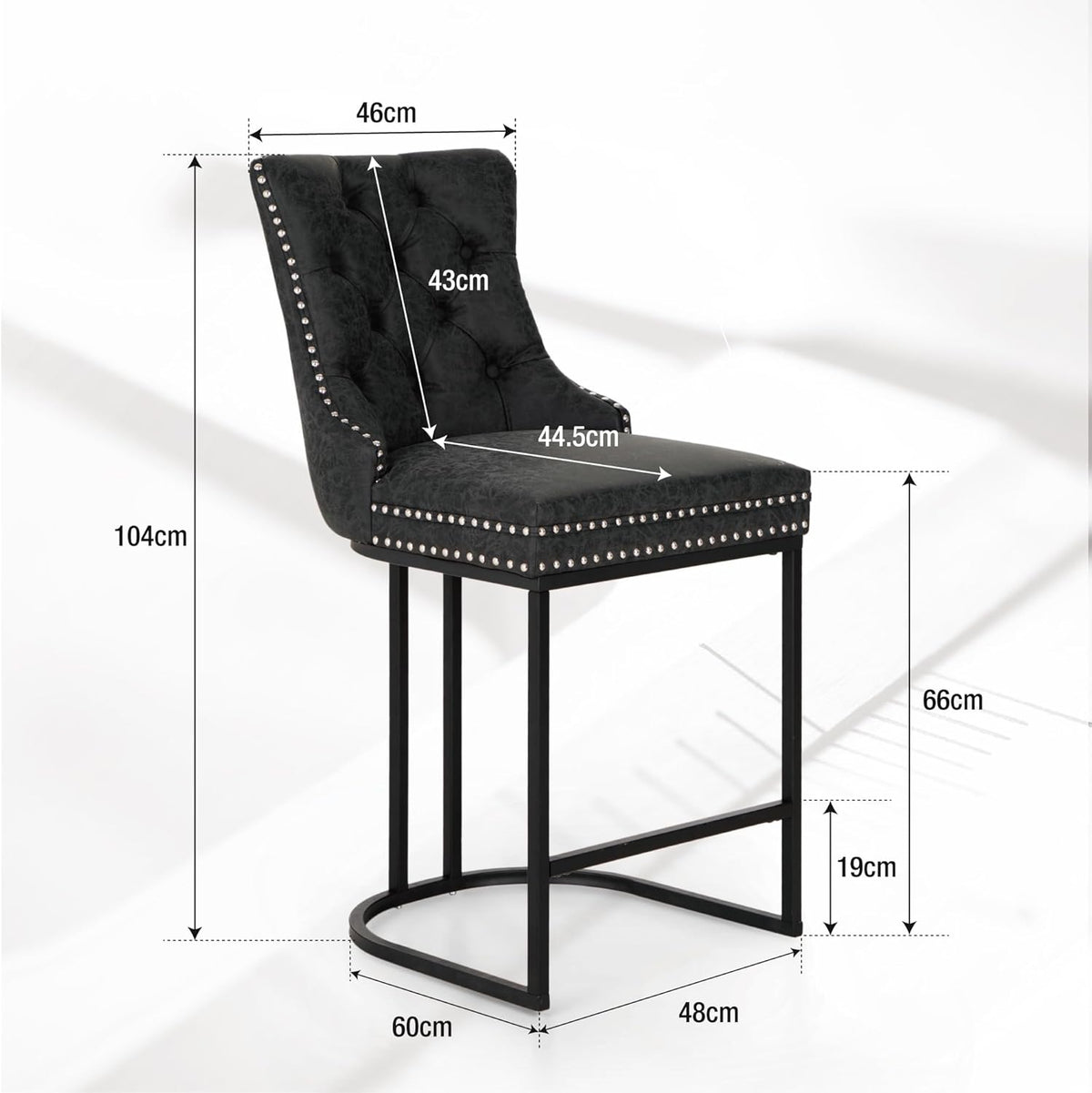 ALPHA HOME 26 inch black pitch bar stools set of 2, modern faux leather bar chairs with button back and rivet trim upholstered kitchen island chairs with sturdy metal legs breakfast