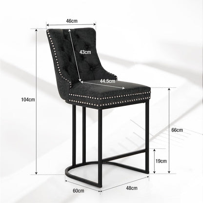 ALPHA HOME 26 inch black pitch bar stools set of 2, modern faux leather bar chairs with button back and rivet trim upholstered kitchen island chairs with sturdy metal legs breakfast