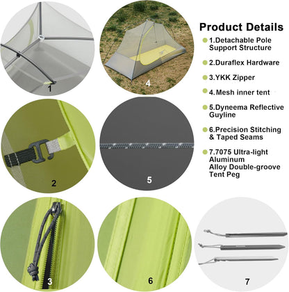 Naturehike PU1500+, ultralichte tent, 780/960 g, waterdichte campingtent, 3-seizoenen wandeltent, 1/2 persoon, voor snelle wandelingen, fietstochten en motortochten