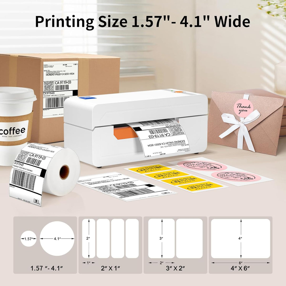JADENS Bluetooth thermische labelprinter, 4 x 6 verzendlabelprinter voor verzendpakketten 203 DPI, 1.2"-4.1" afdrukformaat compatibel met Hermes, Royal Mail, Amazon, Shopify