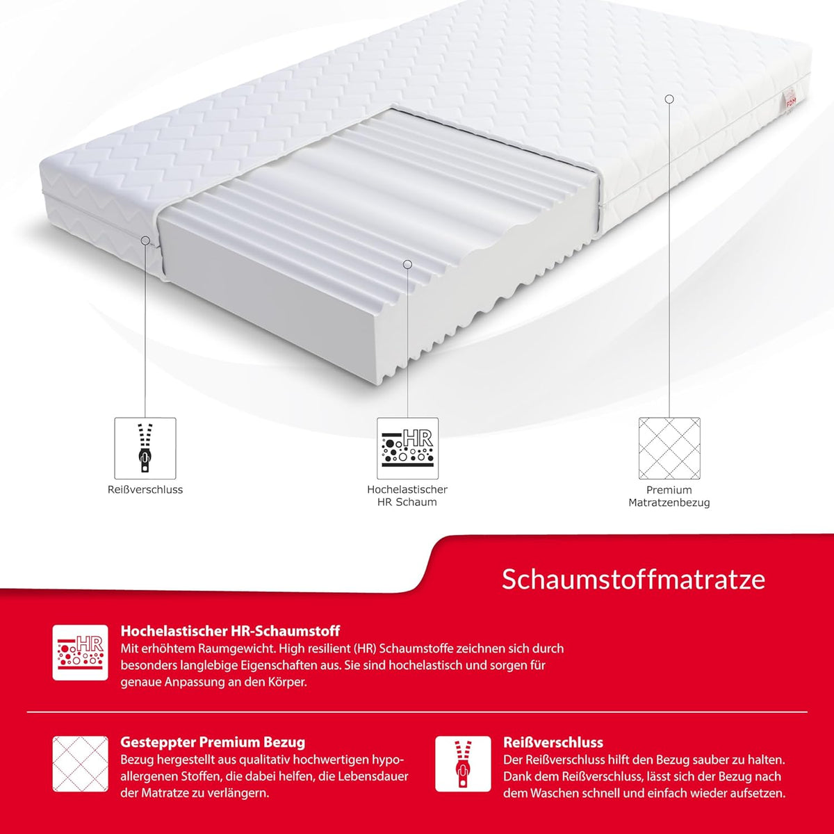 FDM Matras, 140 x 200 cm, hardheid H3 H4, hoogte 14 cm, koudschuimmatras, dubbelzijdige rolmatras, HR-schuim, 7 comfortzones, met hypoallergene, wasbare jersey overtrek, Oeko-Tex Verdura Max