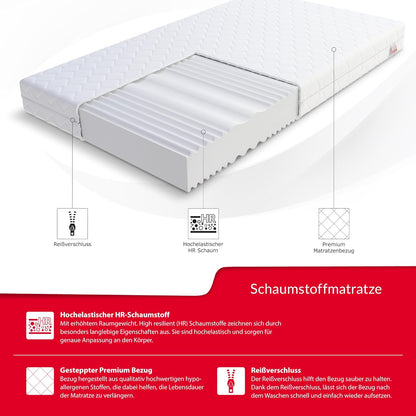 FDM Matras, 120 x 200 cm, hardheid H3/H4, hoogte 14 cm, koudschuimmatras, dubbelzijdige rolmatras, HR-schuim, 7 comfortzones, met hypoallergene, wasbare jersey overtrek, Oeko-Tex Verdura Max