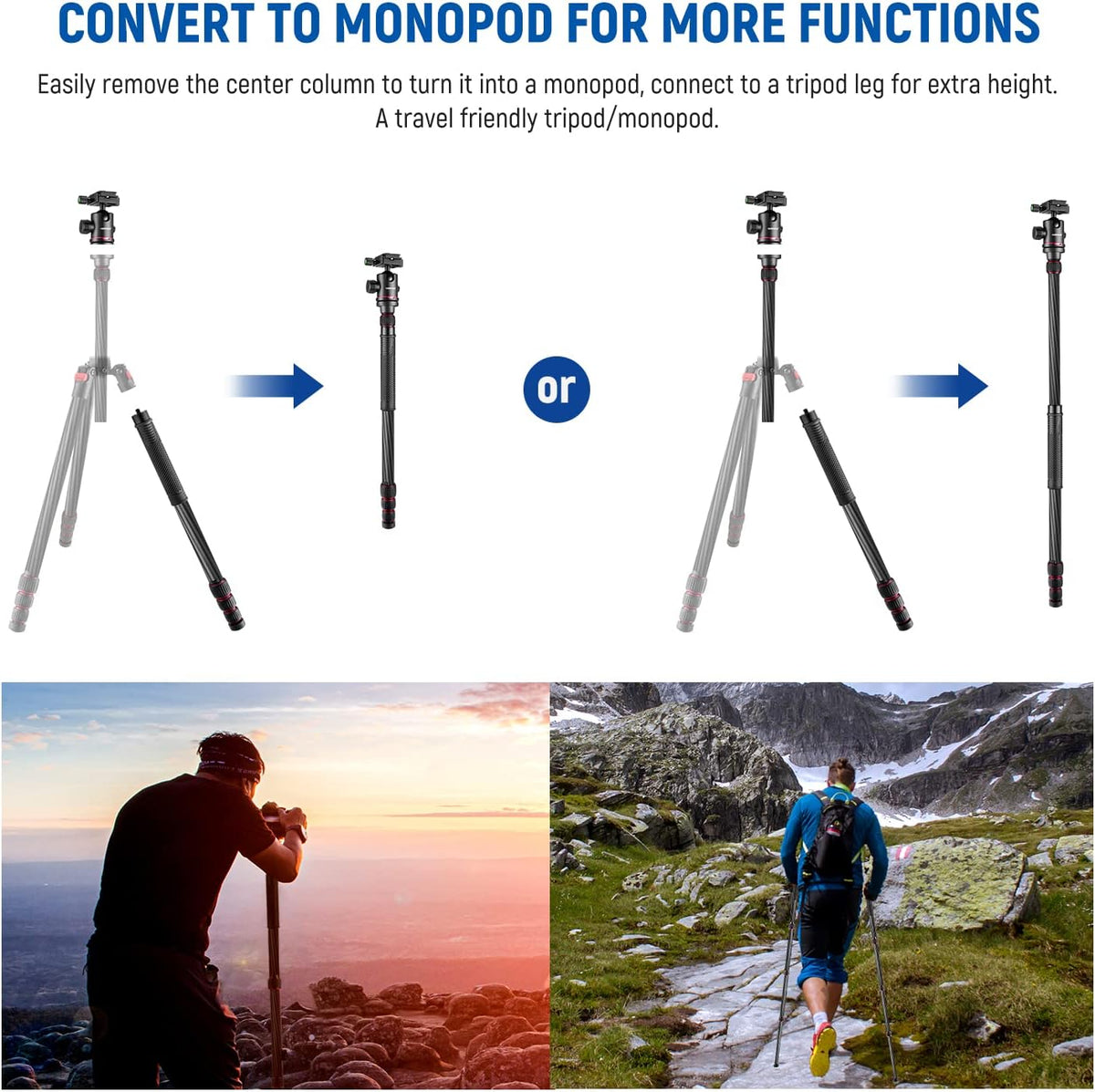 NEEWER Opgewaardeerde 80.5" Carbon Fiber Camera Statief Monopod met Telescopische 2 Sectie Center Axes, 360 ° Panorama Ballhead, 1/4" Arca Type QR Plaat, Reisstatief met ø28mm kolom, Max Belasting 20