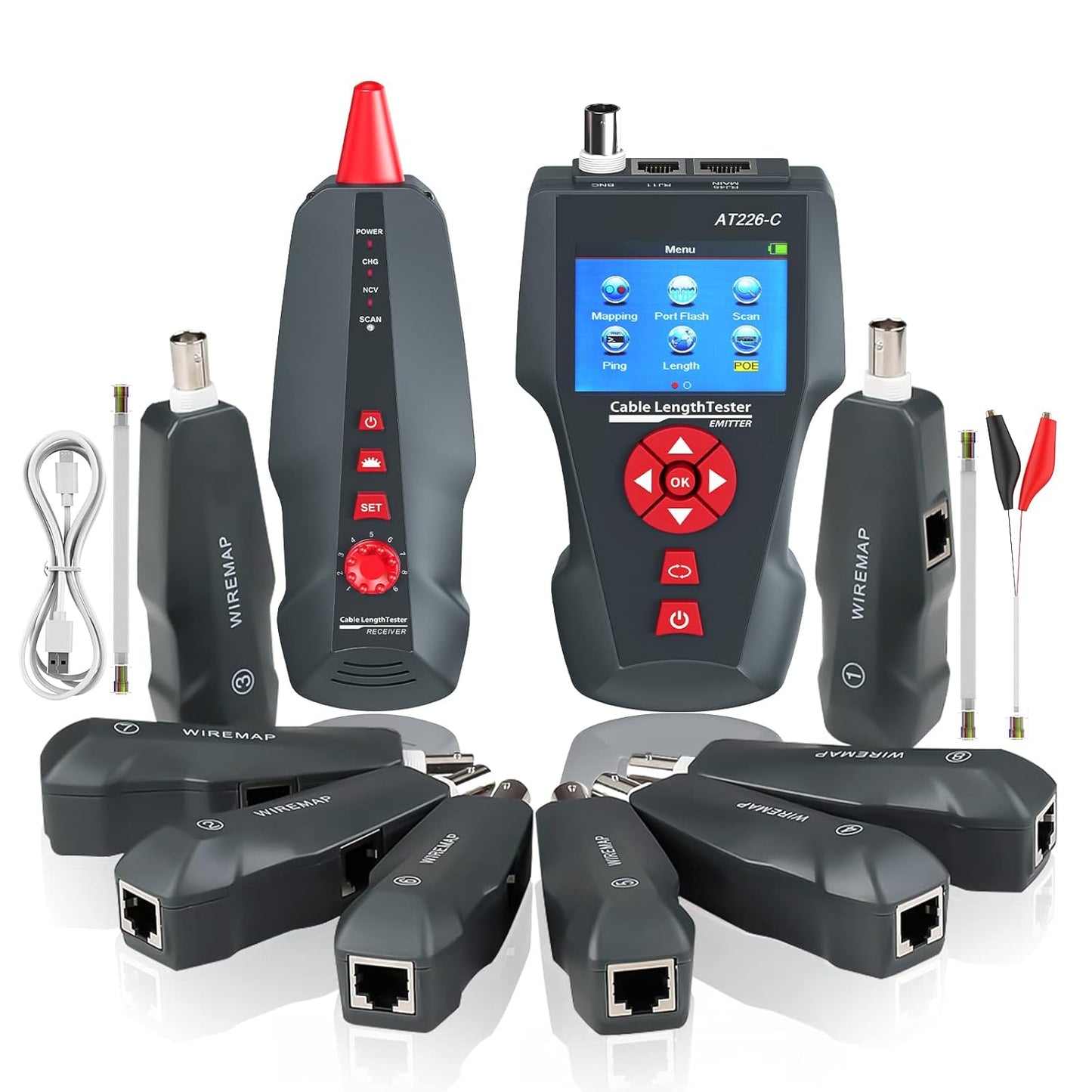 Netwerkkabeltester AT226-C met lcd-display, kabeltester Rj45, RJ11, BNC, PING/POE elektrische kabelplotter 8 telefoonlijn-ID NF-8601W