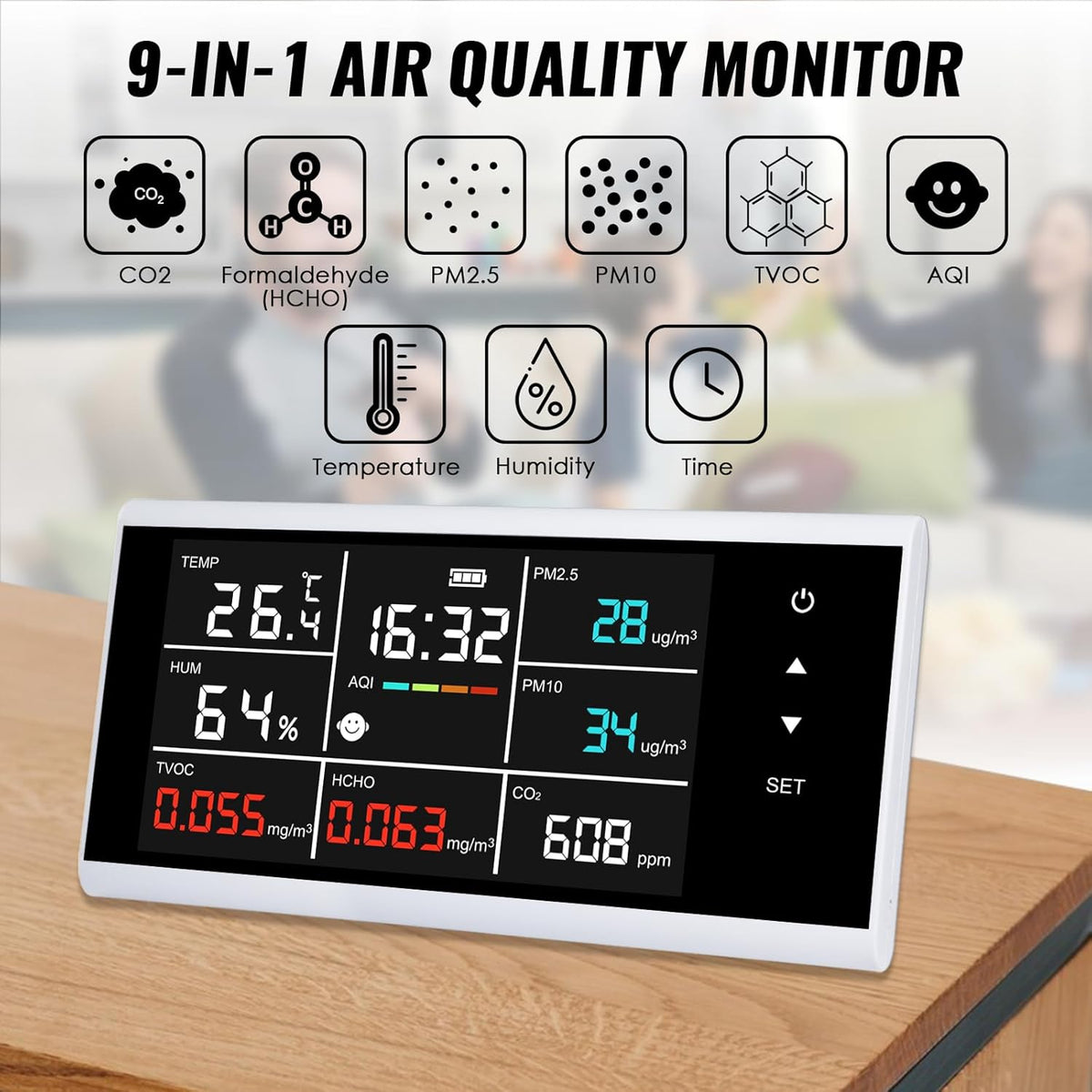 9-in-1 slimme luchtkwaliteitsmonitor, CO2, PM2.5, PM10, HCHO, TVOC, temperatuur, vochtdetector, touchscreen-display, luchtkwaliteitstester, real-time monitor, luchtvervuilingssensor, oplaadbaar