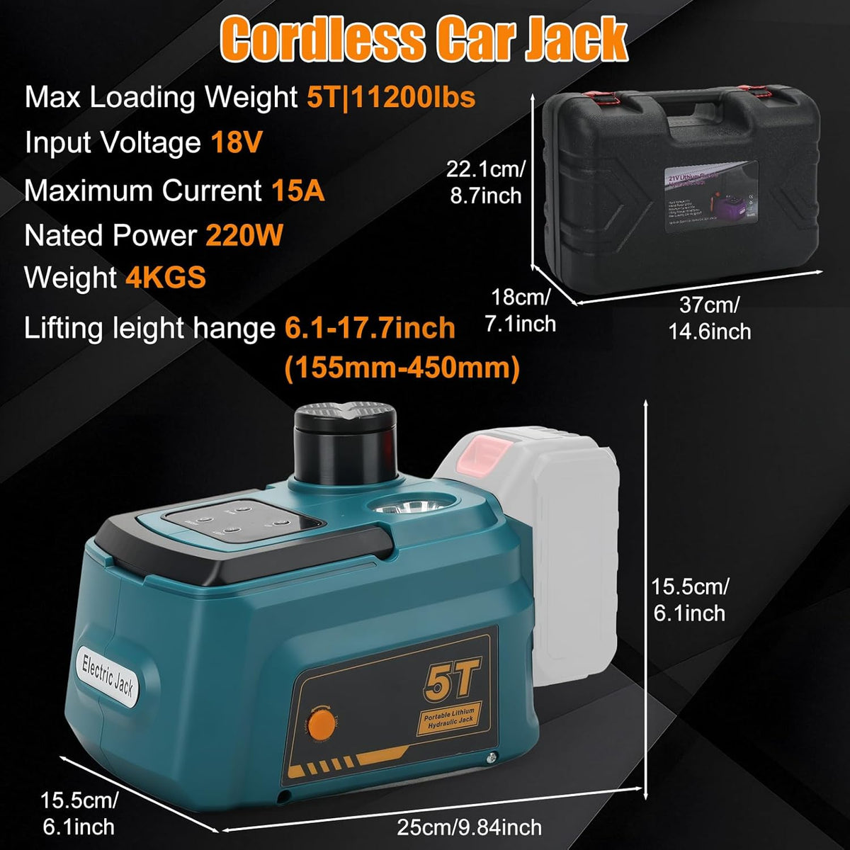Elektrische hydraulische krik, 5T, compatibel met Makita 18 V accu, 220 W krik, hefbereik 15-45 cm, draadloze bandenwisselset voor auto, SUV, MPV, garagereparatie (zonder batterij)