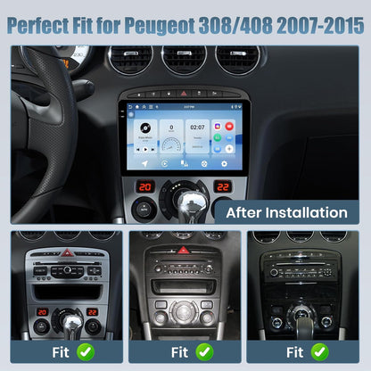 Roinvou 4G+64G Android 15 Autoradio voor Peugeot 308 408 2007-2015 Draadloos Carplay Android Auto, 9'' Incell Touchscreen Radio met Mirror Link GPS Bluetooth FM RDS WiFi EQ SWC Achteruitrijcamera