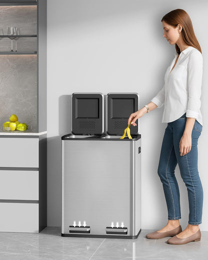 Hzuaneri Kitchen Trash Bin, Waste Separation System, 2 Compartments, 60 L (2 x 30 L), Stainless Steel Kitchen Trash Bin, Pedal Bin, Silent Slow Waste Bag, with 15 Exclusive Waste Bags, Silver