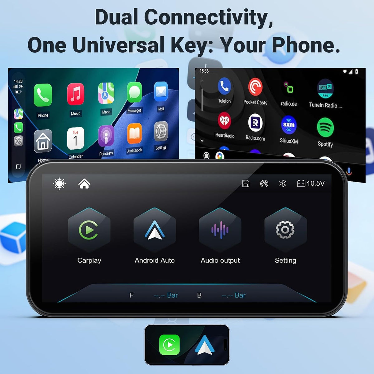 622 Draadloos CarPlay scherm voor motorfiets, 6 inch Motobike waterdicht touchscreen met lichtdetectie, ondersteunt draadloze CarPlay en Android Auto, Bluetooth Trans, GPS-navigatie