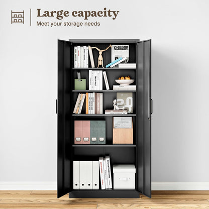Steel Storage Cabinet, Steel Filing Cabinet with Lock, 4 Adjustable Shelves, Double Doors, Multifunctional Tool Cabinet for Study Room, Garage, Black