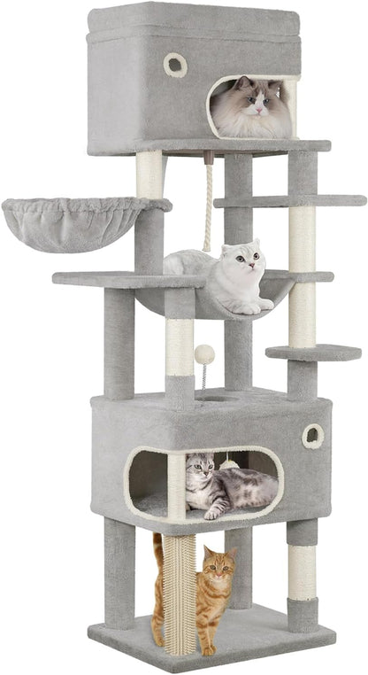 Hzuaneri Cat Scratching Post, 178cm Multilayer Cat Tree with Large Platform, 2 Caves, 7 Sisal Poles, Pompoms, Cat Basket, Hammock, Suitable for Cats of All Sizes, Light Grey MS17818LG - QUORE