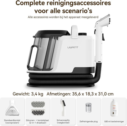 Tapijtreiniger – Vlekkenverwijderaar – Stoffenreiniger – Meubelreiniger – Schoonmaakmachine – Krachtige Zuigkracht 18 kPa – 600 Watt Motor – Dubbelzijdige Borstel – 2 Watertanks 1,2 L – Voegborstel – Zwart-Wit Variant