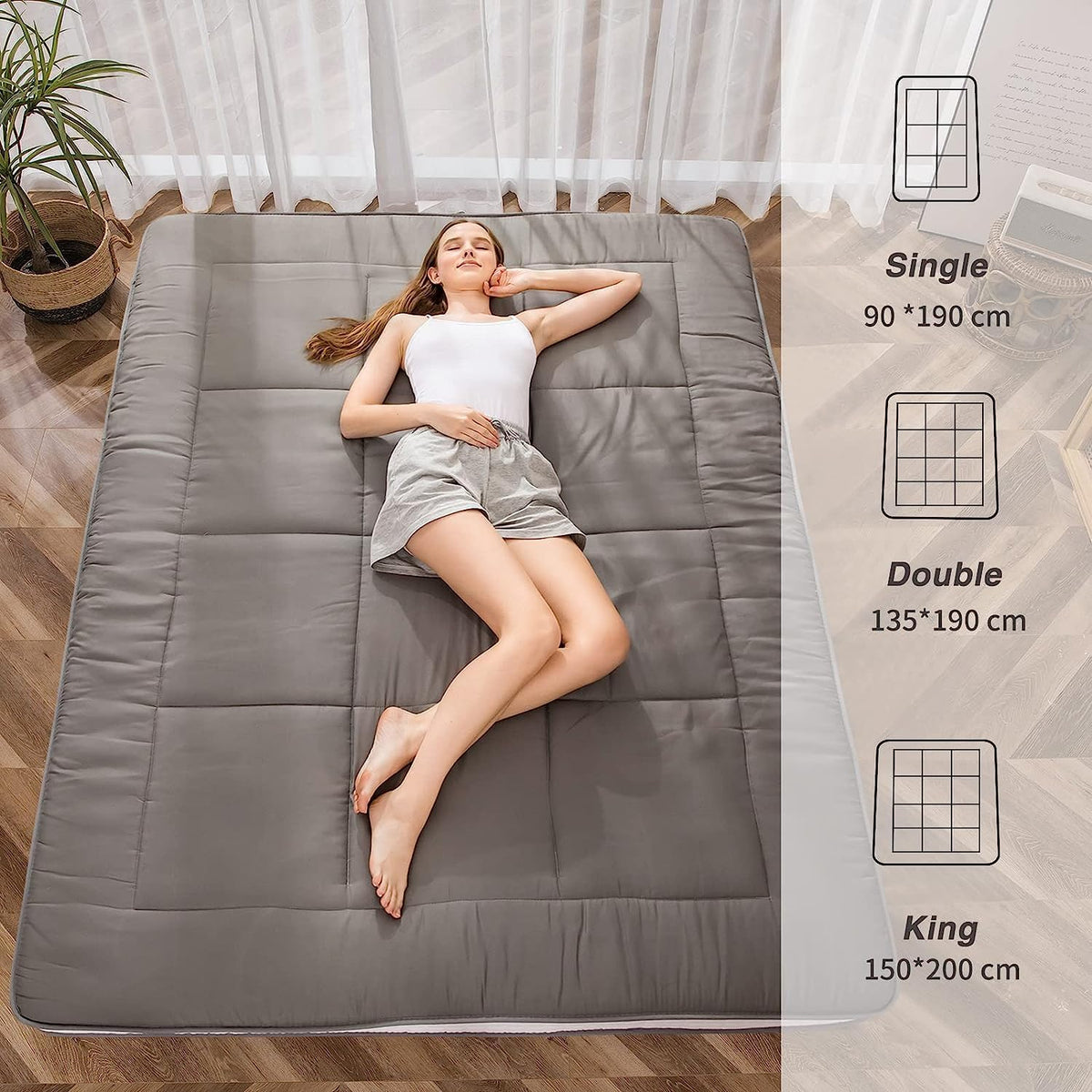 Maxyoyo Futonmatras, gewatteerde Japanse vloermatras, gewatteerde bedmatras, extra dik, opvouwbaar, ademend, vloerbed, logeerbed voor camping of bank, turquoise, 90 x 190 cm