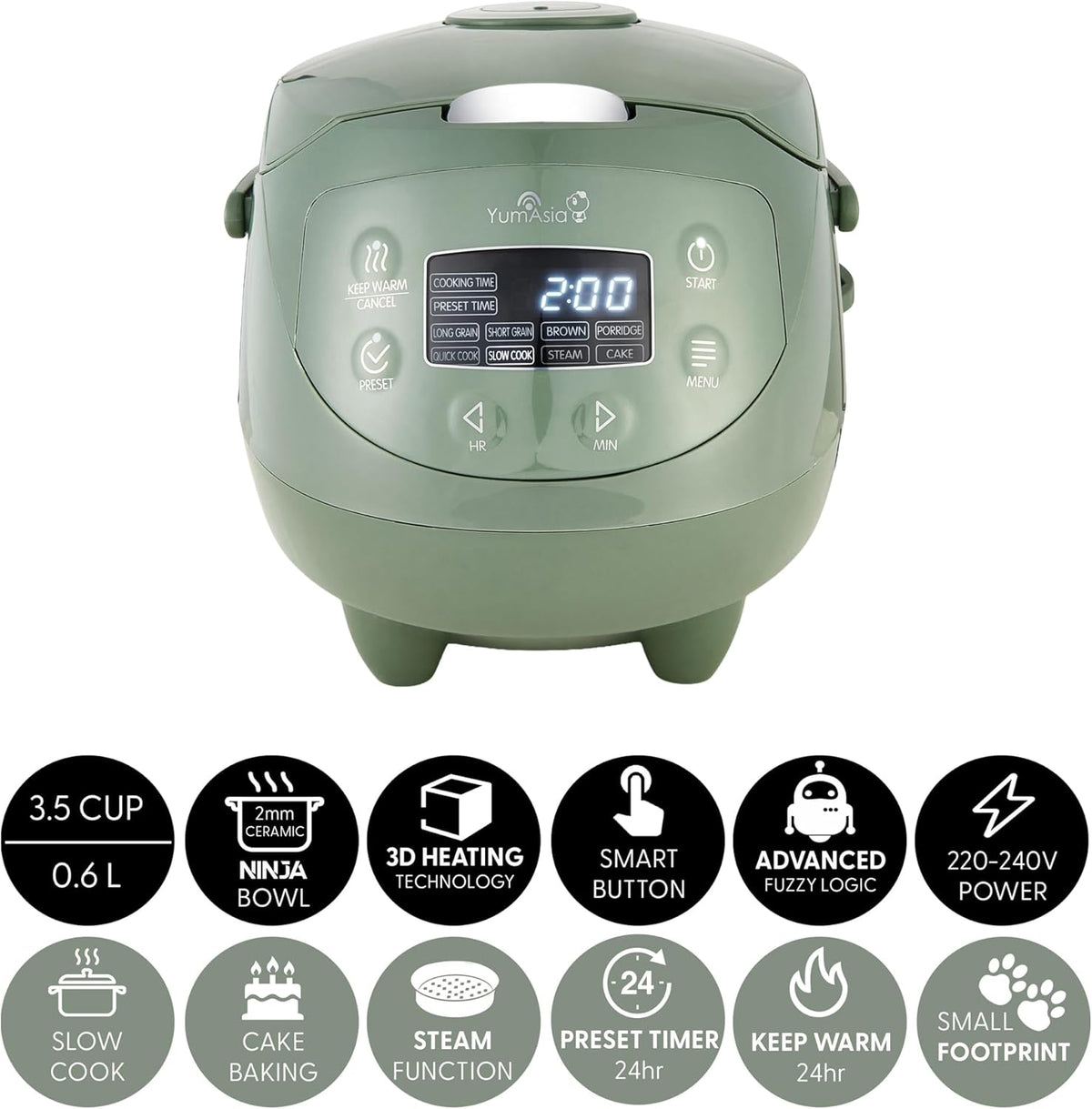Yum Asia Panda Mini Rijstkoker Met Ninja Keramische Kom en Advanced Fuzzy Logic (3,5 kop, 0,63 liter) 4 Rijstkookfuncties, 4 Multicooker-functies, LED-display, 220-240V (Saliegroen)