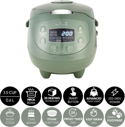 Yum Asia Panda Mini Rijstkoker Met Ninja Keramische Kom en Advanced Fuzzy Logic (3,5 kop, 0,63 liter) 4 Rijstkookfuncties, 4 Multicooker-functies, LED-display, 220-240V (Saliegroen)