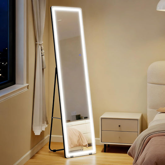 HOMCOM 2-in-1 Standing Mirror, Full-length Mirror with LED Lighting, Freestanding Vanity Mirror, Wall Mirror, Makeup Mirror for Bedroom, Living Room, Silver+Black, 40 x 51 x 157 cm - QUORE