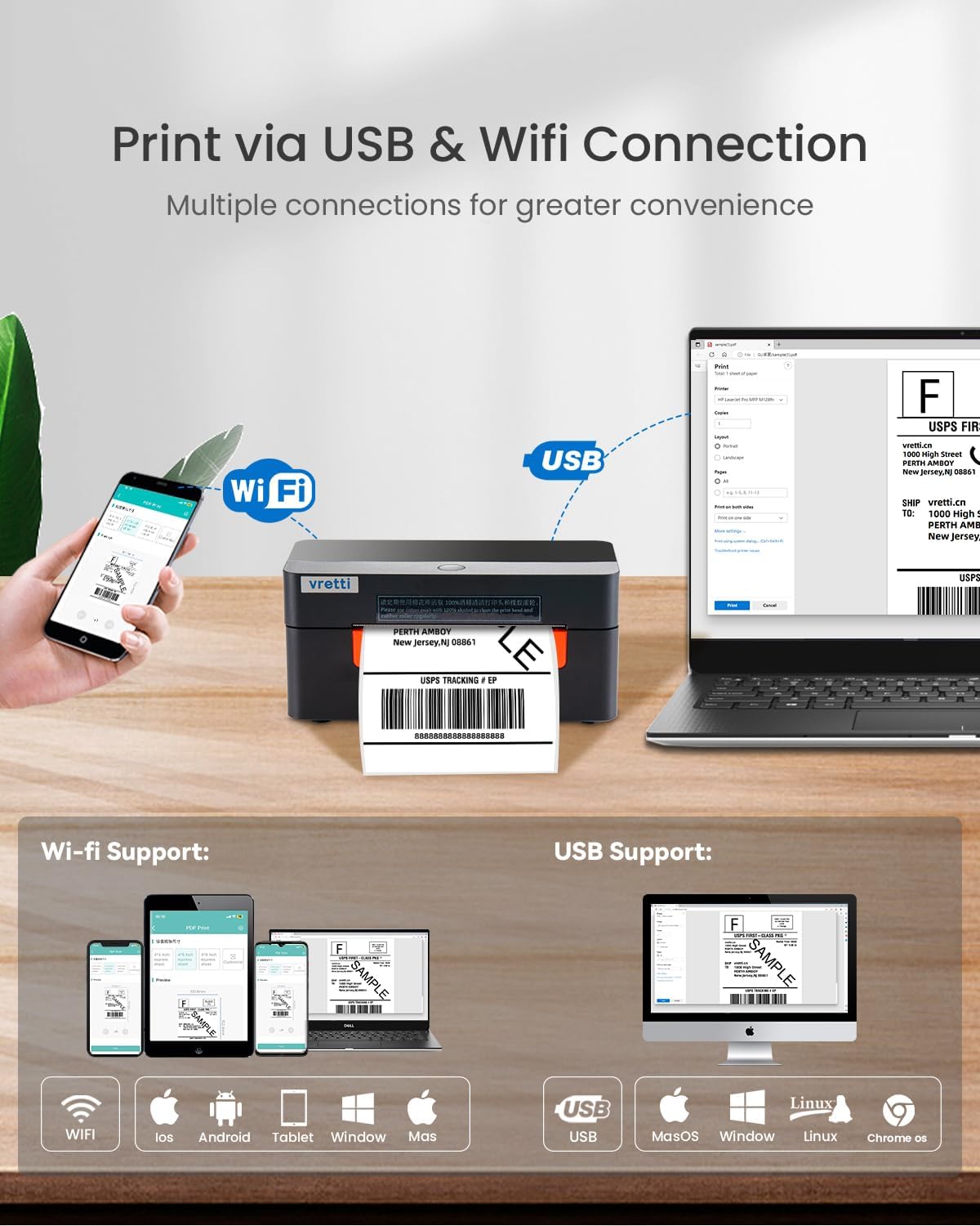 vretti WiFi Verzendlabelprinter, thermische labelprinter, 4 x 6, draadloze thermische printer voor verzendpakketadressen, kleine bedrijven, compatibel met Etsy, Shopify, Ebay, Amazo