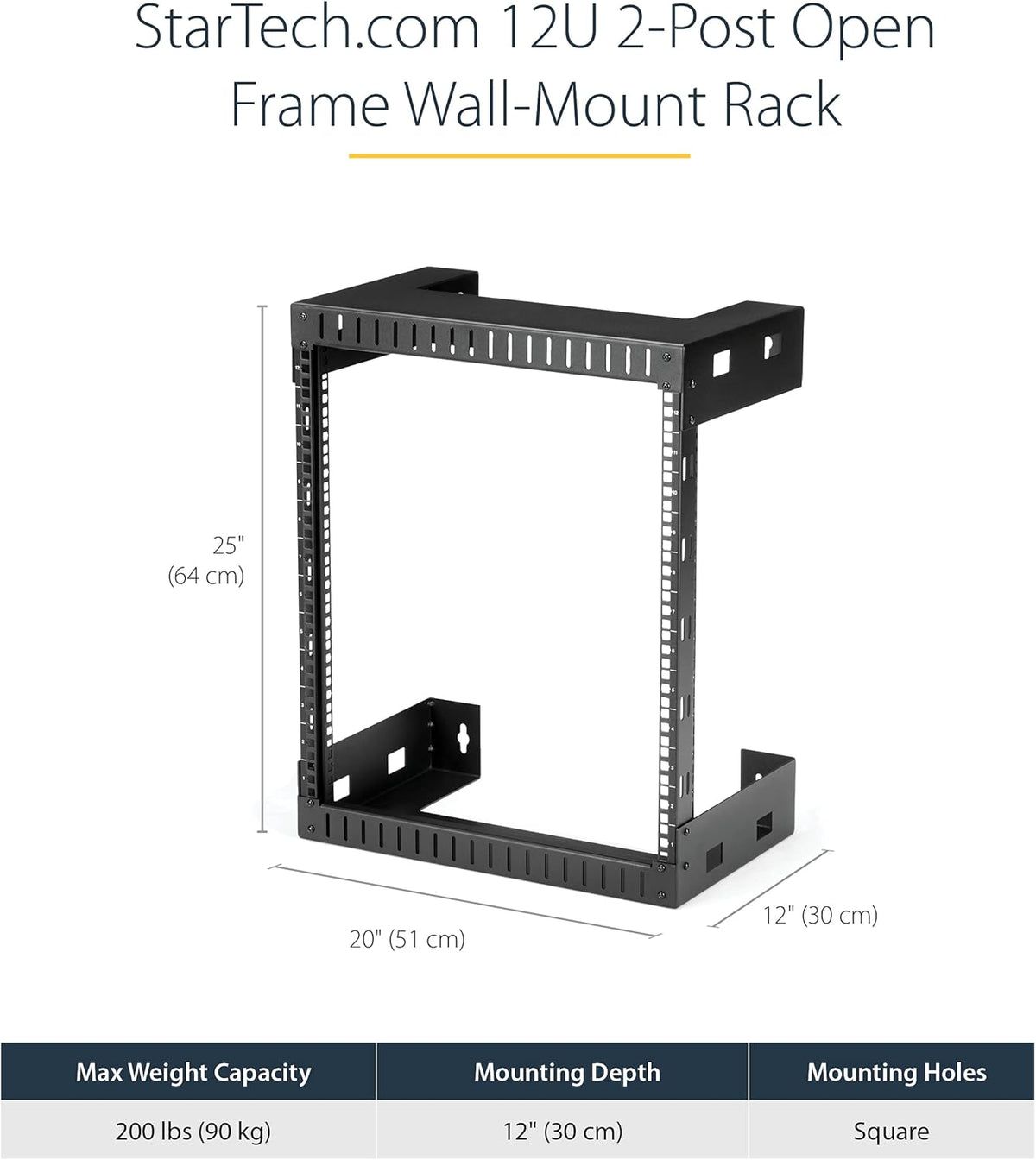 StarTech.com 2 Post 12U Heavy-Duty Wandmonteerbare Server Rack, 19" Open Frame Netwerk Rack, 30cm Diep, Data Rack voor IT/AV/Patchpaneel/Computer Apparatuur (RK12WALLO)