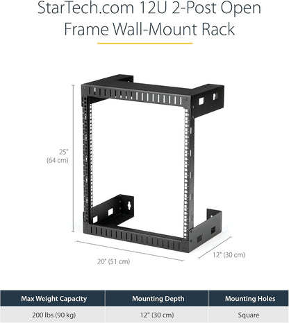 StarTech.com 2 Post 12U Heavy-Duty Wandmonteerbare Server Rack, 19" Open Frame Netwerk Rack, 30cm Diep, Data Rack voor IT/AV/Patchpaneel/Computer Apparatuur (RK12WALLO)