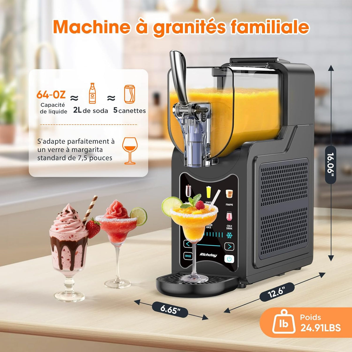 Richday Slushie-machine, diepvriesdrankmaker met 6 programma's, 1,9 l capaciteit, zelfreiniging, voor slushies, milkshakes, frappés, margarita's en koude dranken