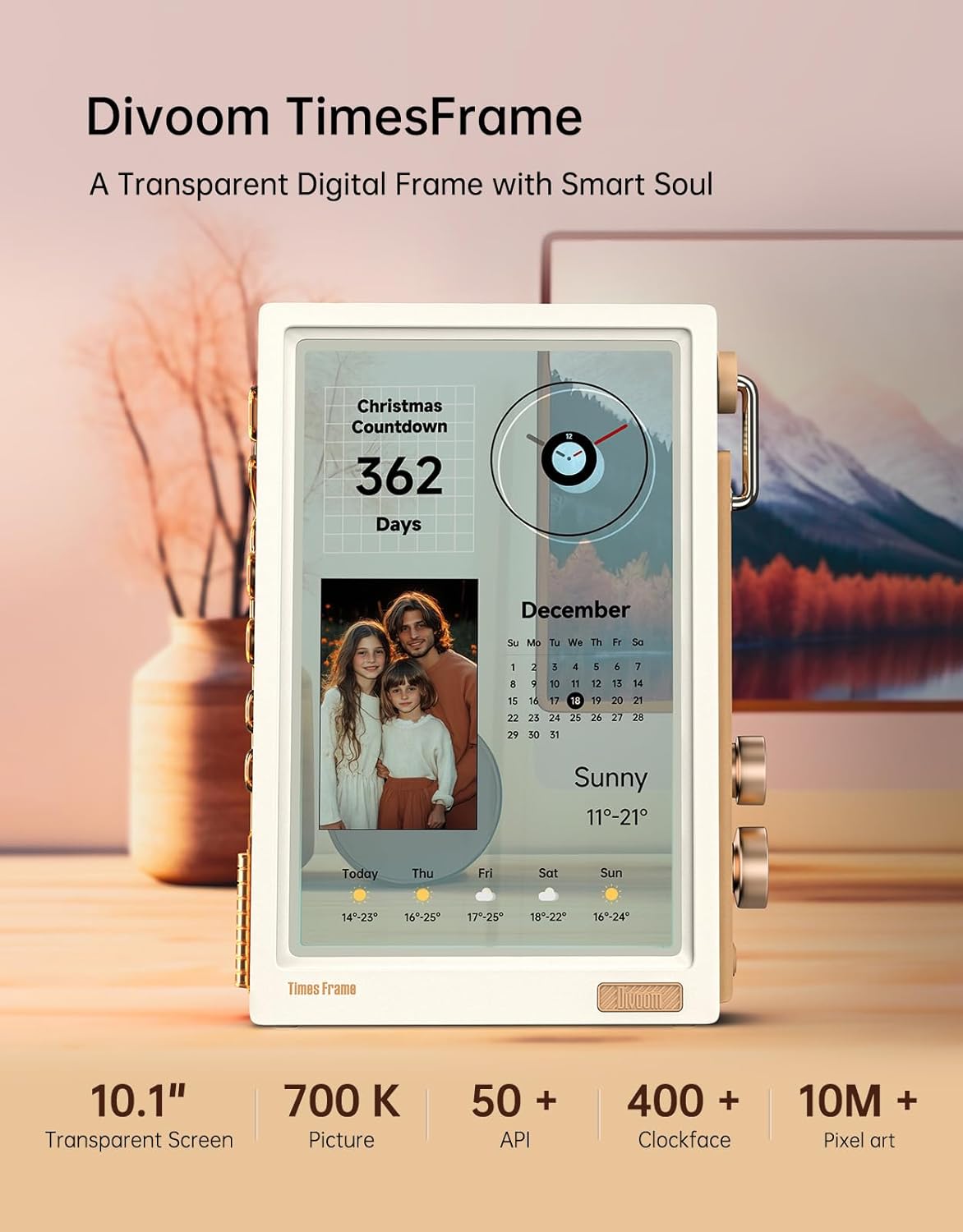 Divoom Times Frame Transparante digitale fotolijst (10,1 inch) met wifi en 64 GB, IPS-display met zwevend effect en RGB-draaiknop, 400+ wijzerplaten, widgets en pixel-art community (wit)