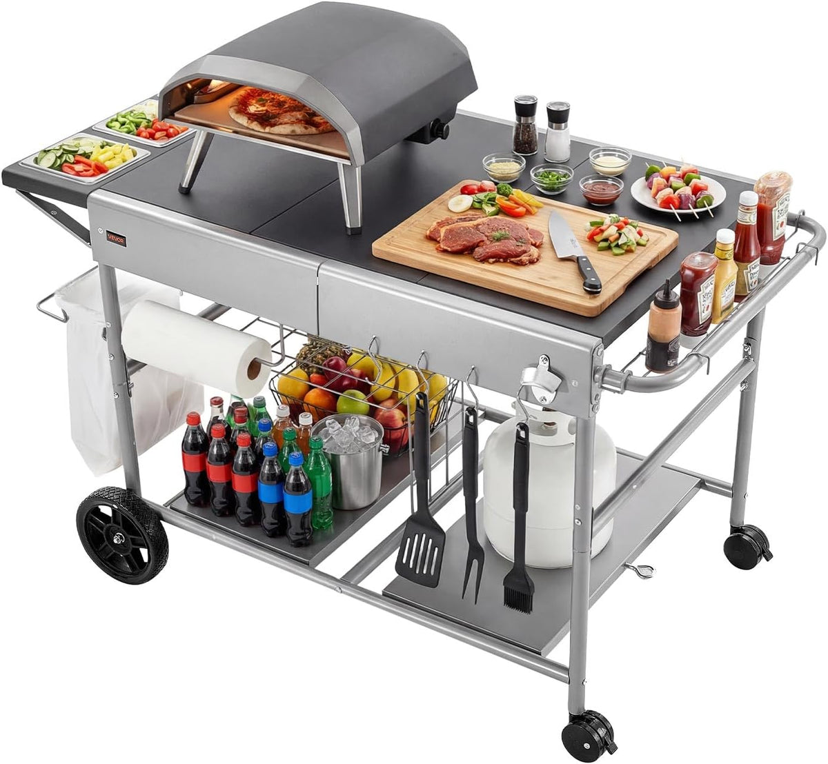 VEVOR Barbecuewagen voor buiten, 925 x 595 x 25 mm (tafelbladgrootte), oprolbare grilltafel met 4 kruidenbakjes & wielen en deksels en haken, barbecue-bereidingstafel, serveerwagen voor picknickkeuken