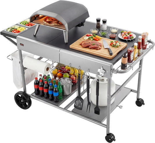 VEVOR Barbecuewagen voor buiten, 925 x 595 x 25 mm (tafelbladgrootte), oprolbare grilltafel met 4 kruidenbakjes & wielen en deksels en haken, barbecue-bereidingstafel, serveerwagen voor picknickkeuken