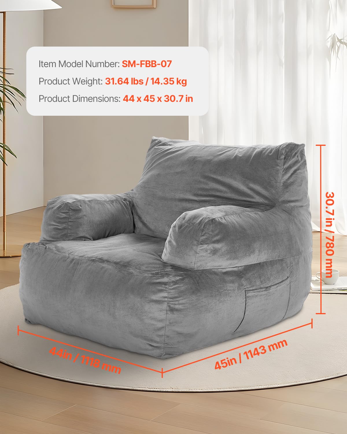 VEVOR Zitzak sofasstoel (1118 x 1143 x 780 mm) met armleuningen voor volwassenen, pluizige pluche en schuimvulling met hoge dichtheid, zitzak met taper, lazy-bank voor slaapkamer, grijs