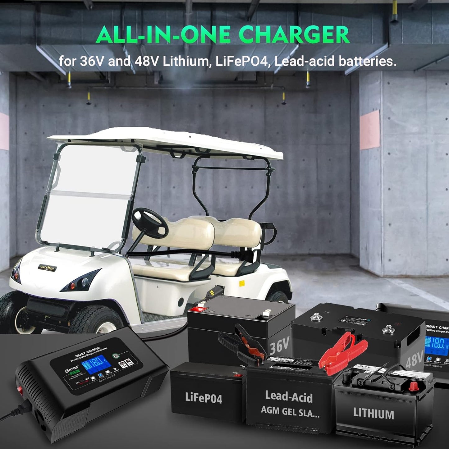 Acculader 36V/48V – Batterijlader – Accuoplader – Snellader – Oplader Auto & Motor – Intelligente Snellader Met Reparatiemodus – Compatibel Met Lithium, LiFePO4 & Loodaccu’s