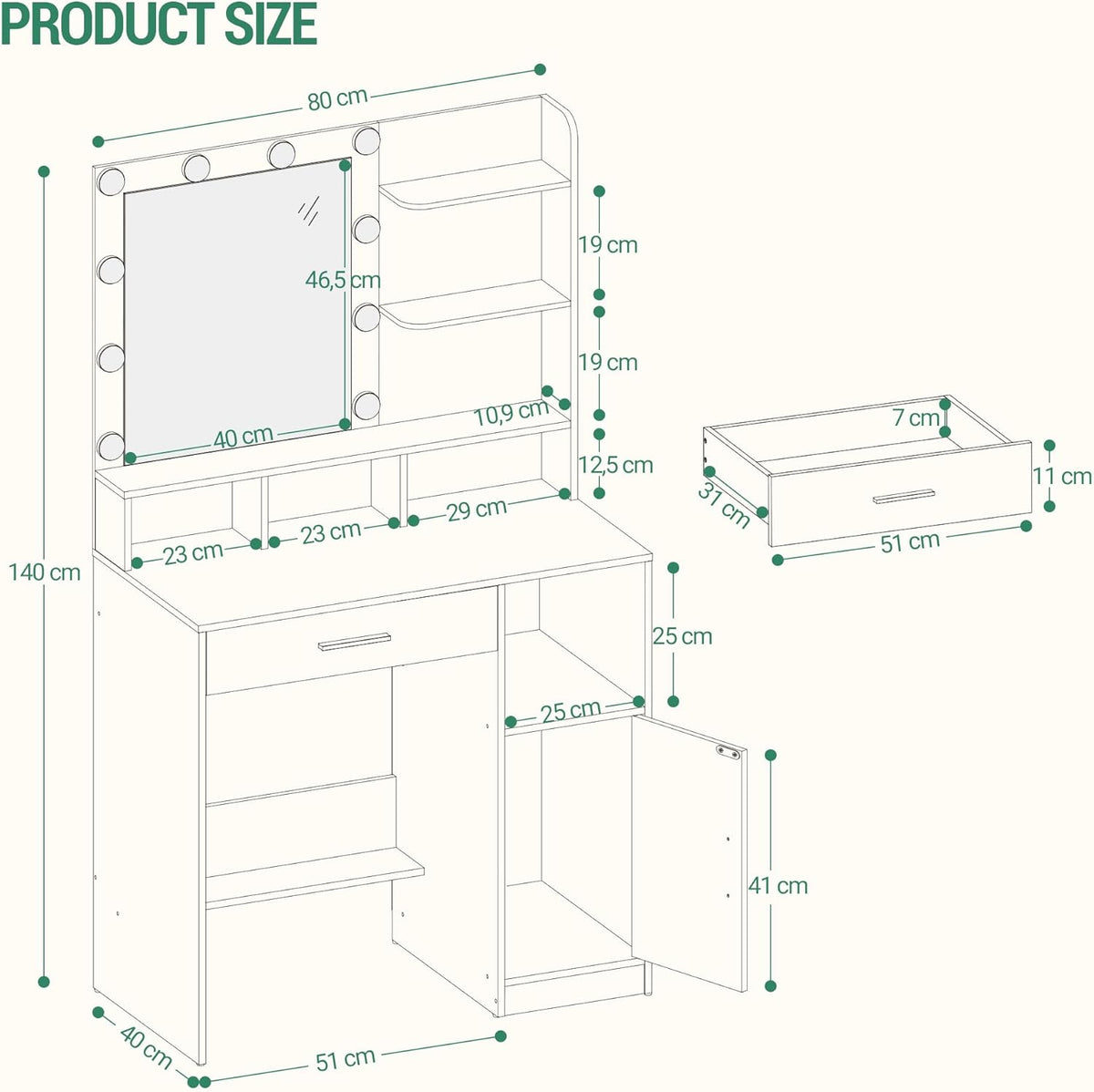 Hzuaneri Dressing Table with Mirror and 10 Led Lighting, with 3 Shelves & 4 Open Compartments, Dressing Table with Large Drawer & Cabinet, 3 Adjustable Luminosity, BlackVT08106X