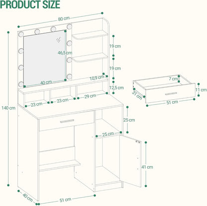 Hzuaneri Dressing Table with Mirror and 10 Led Lighting, with 3 Shelves & 4 Open Compartments, Dressing Table with Large Drawer & Cabinet, 3 Adjustable Luminosity, BlackVT08106X