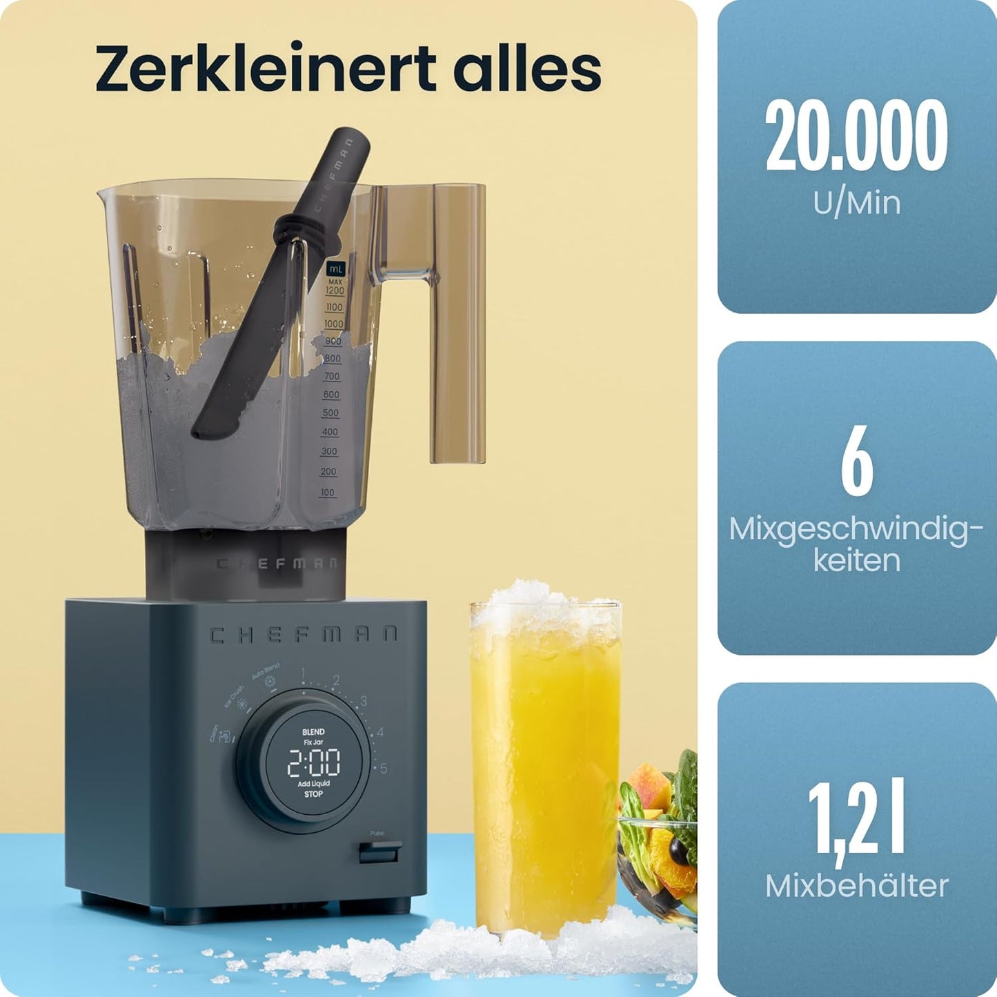Chefman Obliterator 1,2 l blender voor smoothies, 1380 W motor voor het malen van ijs, noten en bevroren vruchten met roestvrijstalen lemmet, Auto Blend functie, incl. 600ml reiscontainer - Midnight