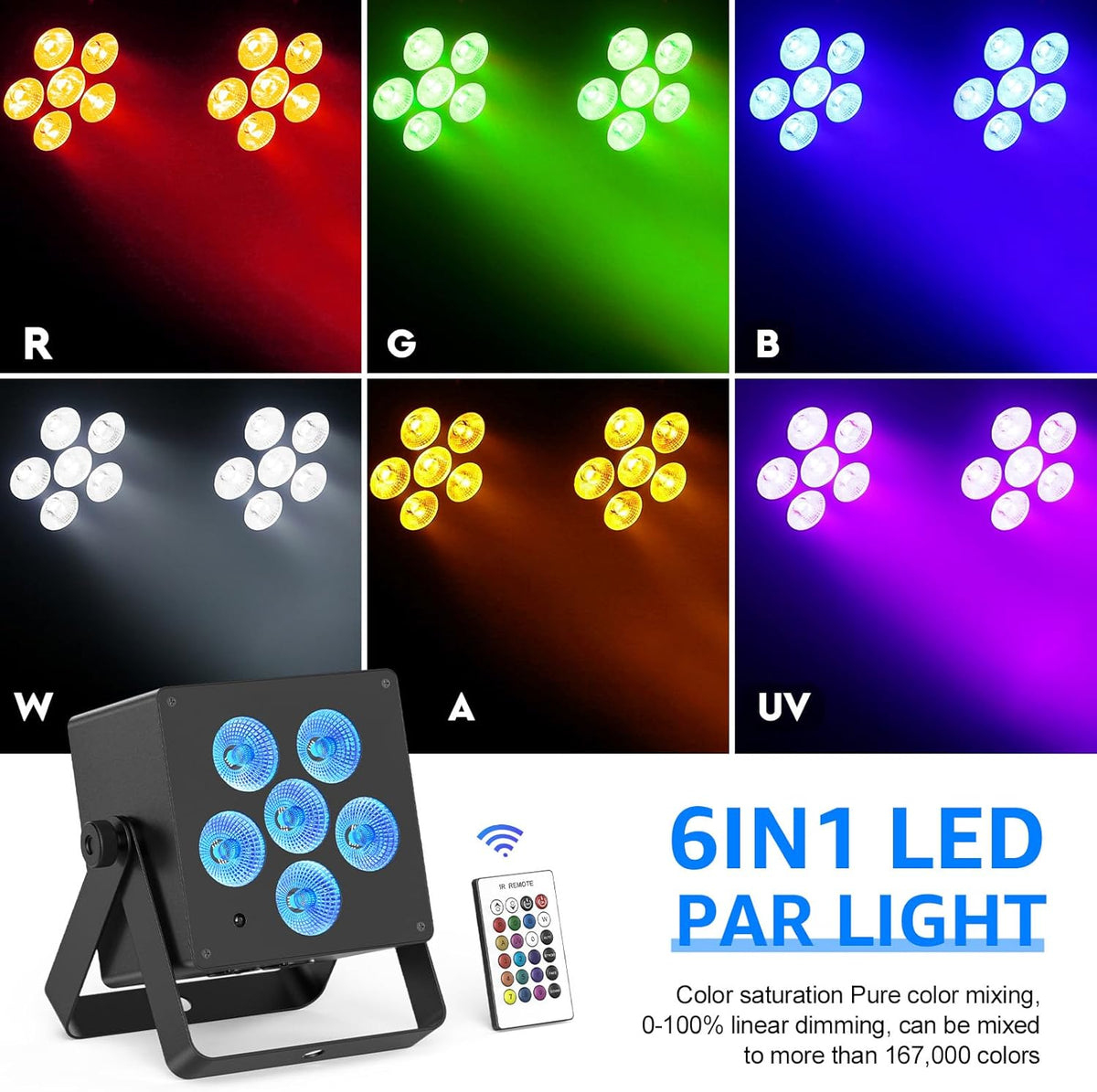 50 W batterij LED Par schijnwerper 6-in-1 RGBWAUV DMX512 podiumlicht met afstandsbediening, 12 uur batterijduur, uplight voor DJ, disco, party, karaoke, bruiloft, verjaardag